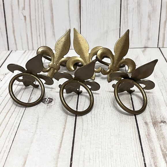 Set of 6 Fleur De Lis Golden Brass Tone Metal Napkin Ring Holders - Picture 2 of 3